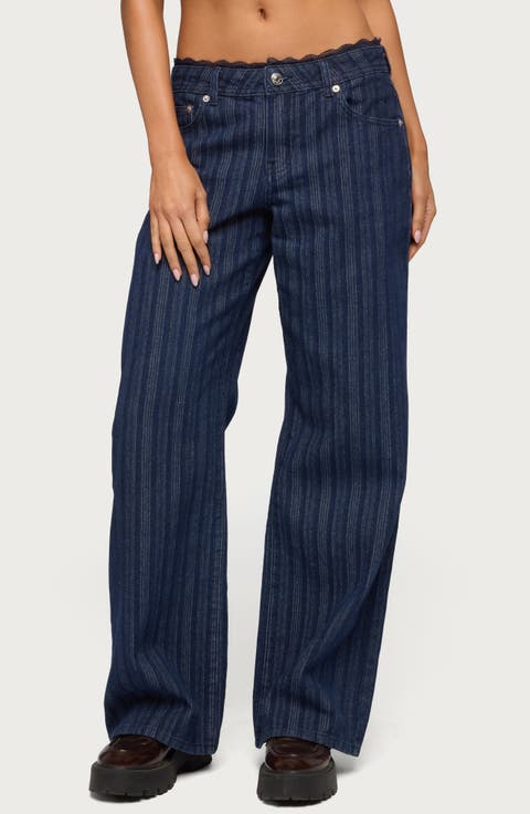 Stripe Lace Trim Low Rise Wide Leg Jeans