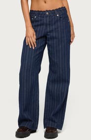 EDIKTED Stripe Lace Trim Low Rise Wide Leg Jeans