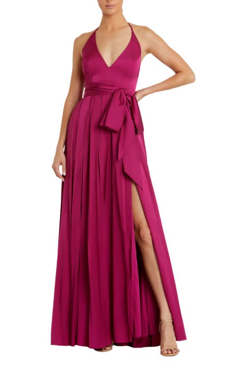 MAC DUGGAL MAC DUGGAL CHARMEUSE HALTER STRAP SOFT TIE WAIST GOWN 