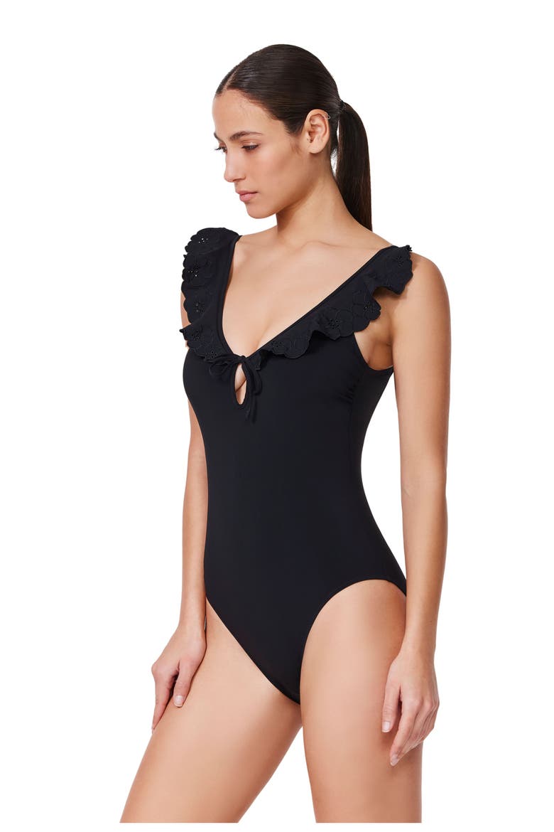 Bachelorette V-Neck Ruffle One Piece, Alternate, color, Black