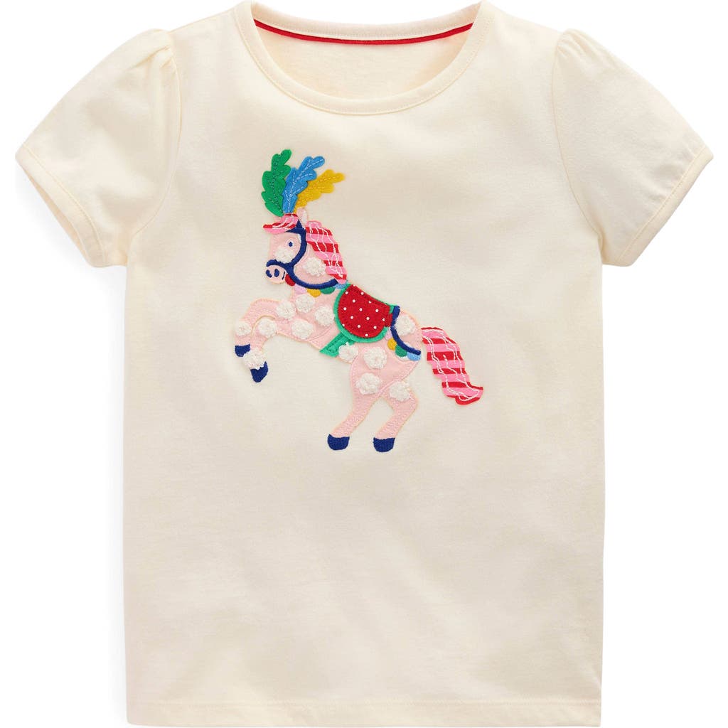Mini Boden Kids' Horse Appliqué Puff Sleeve Cotton Graphic T-shirt In Soft Ivory Horse