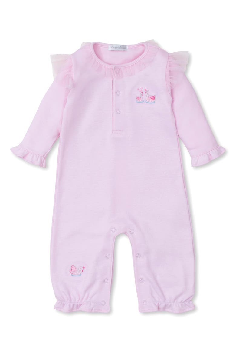 Kissy Kissy Swan Embroidered Tulle Accent Pima Cotton Romper, Main, color,