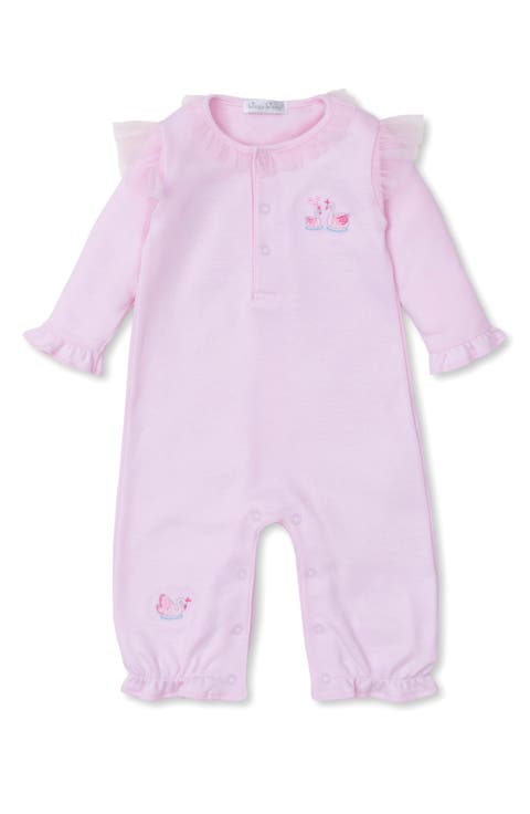 Swan Embroidered Tulle Accent Pima Cotton Romper (Baby)