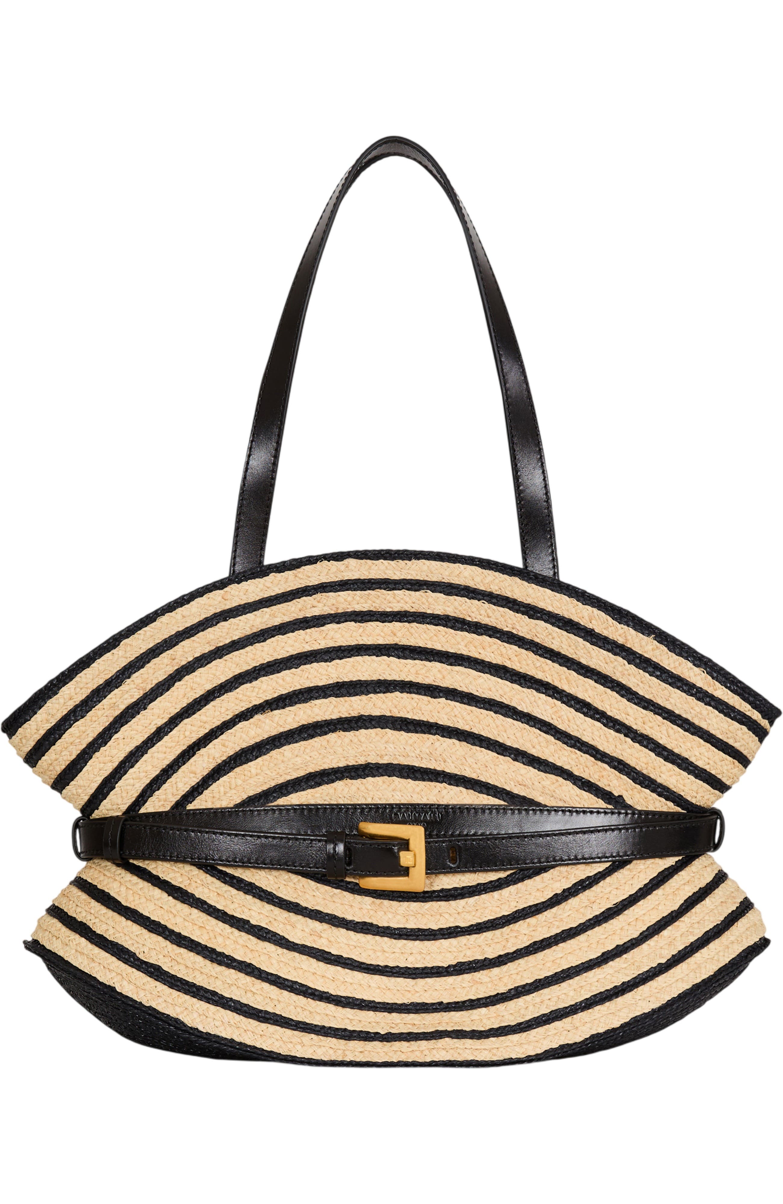 Balmain Medium Shuffle bag in smooth leather and two-tone raffia, Main, color, Beige