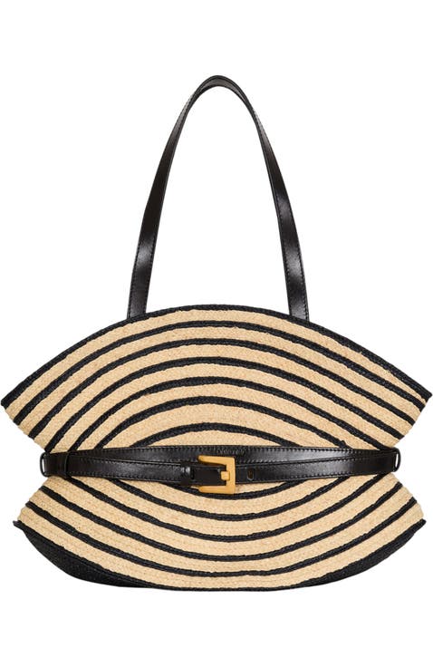Medium Shuffle bag in smooth leather and two-tone raffia