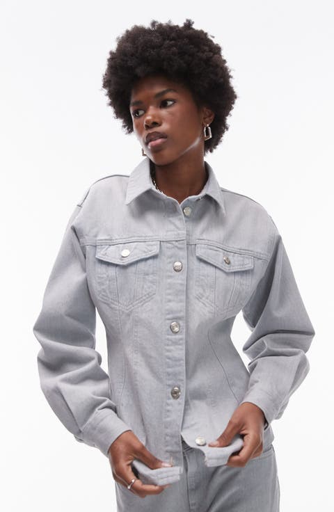 Cinch Waist Denim Button-Up Shirt