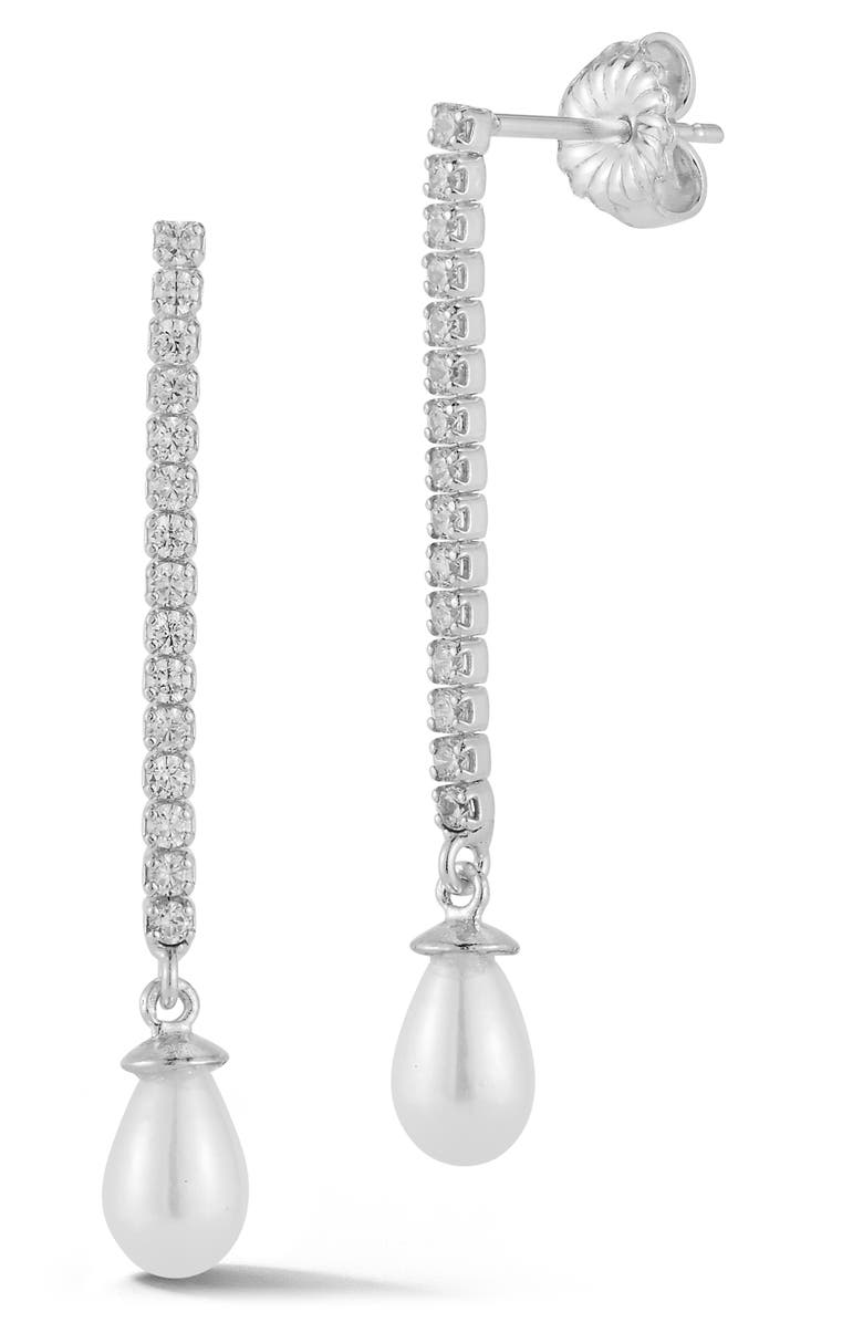 CHLOE AND MADISON Cubic Zirconia Cultured Pearl Chain Drop Earrings, Main, color, Silver