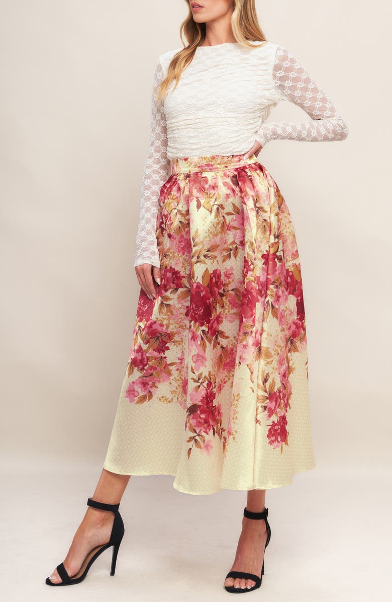 FLYING TOMATO Floral Full Midi Skirt, Alternate, color, Ivory/ Pink