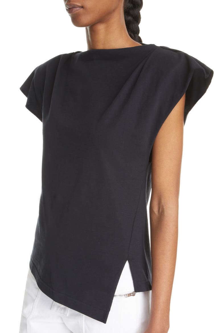 Sebani Asymmetric Raw Edge Cap Sleeve Cotton Blouse, Alternate, color, BLACK