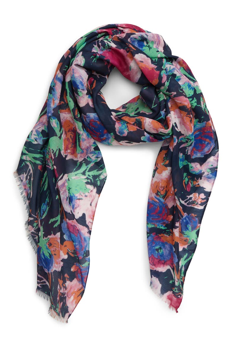 Floral Print Scarf, Main, color, NAVY MULTI