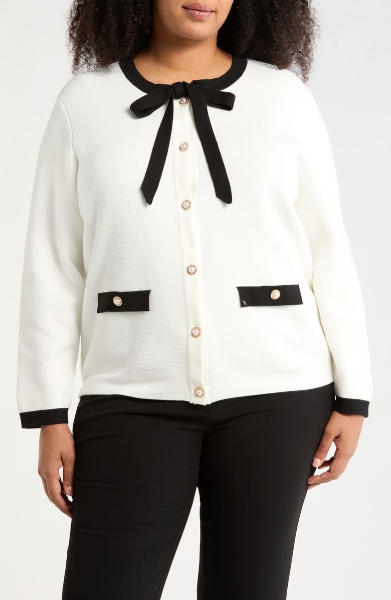 Adrianna Papell Bow Neck Cardigan, Main, color, Ivory/ Black