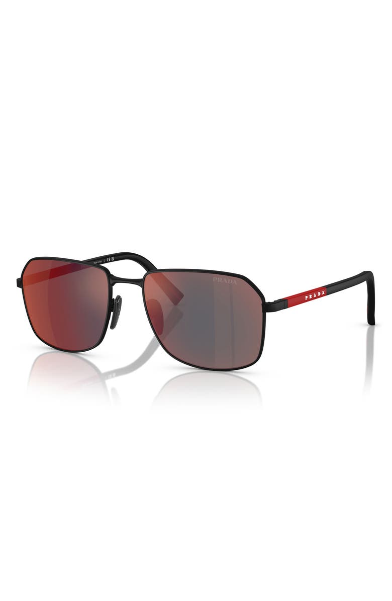 Prada Linea Rossa 57mm Rectangular Sunglasses, Alternate, color, Rubber Black