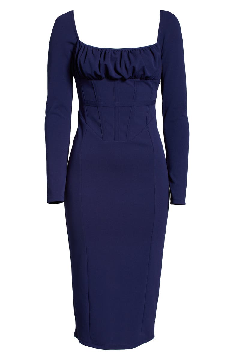 ASOS DESIGN Ruched Long Sleeve Corset Midi Dress, Alternate, color, 