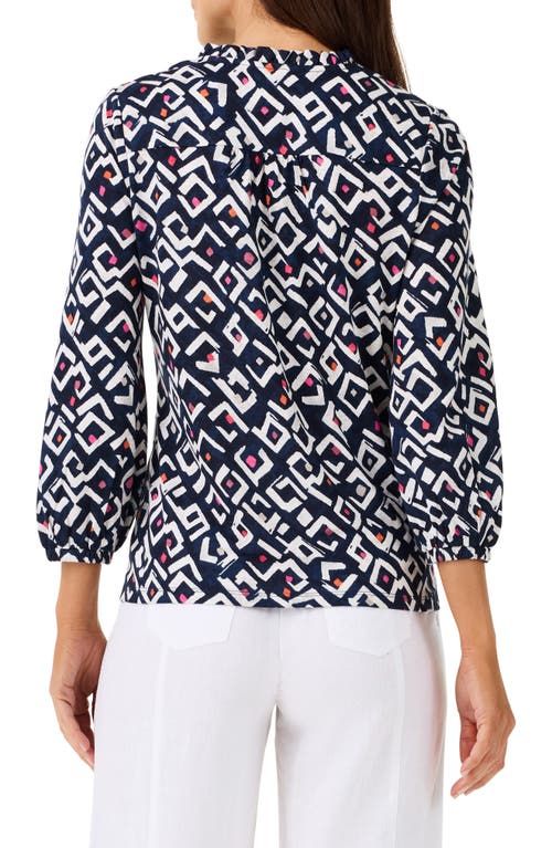 Nic + Zoe Nic+zoe Indigo Angles Split Neck Linen Blend Top In Indigo Multi