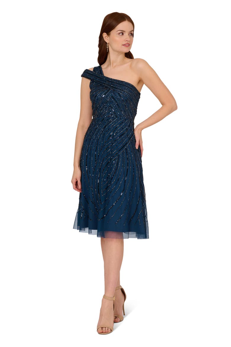 Beaded One-Shoulder Dress, Alternate, color, DEEP BLUE
