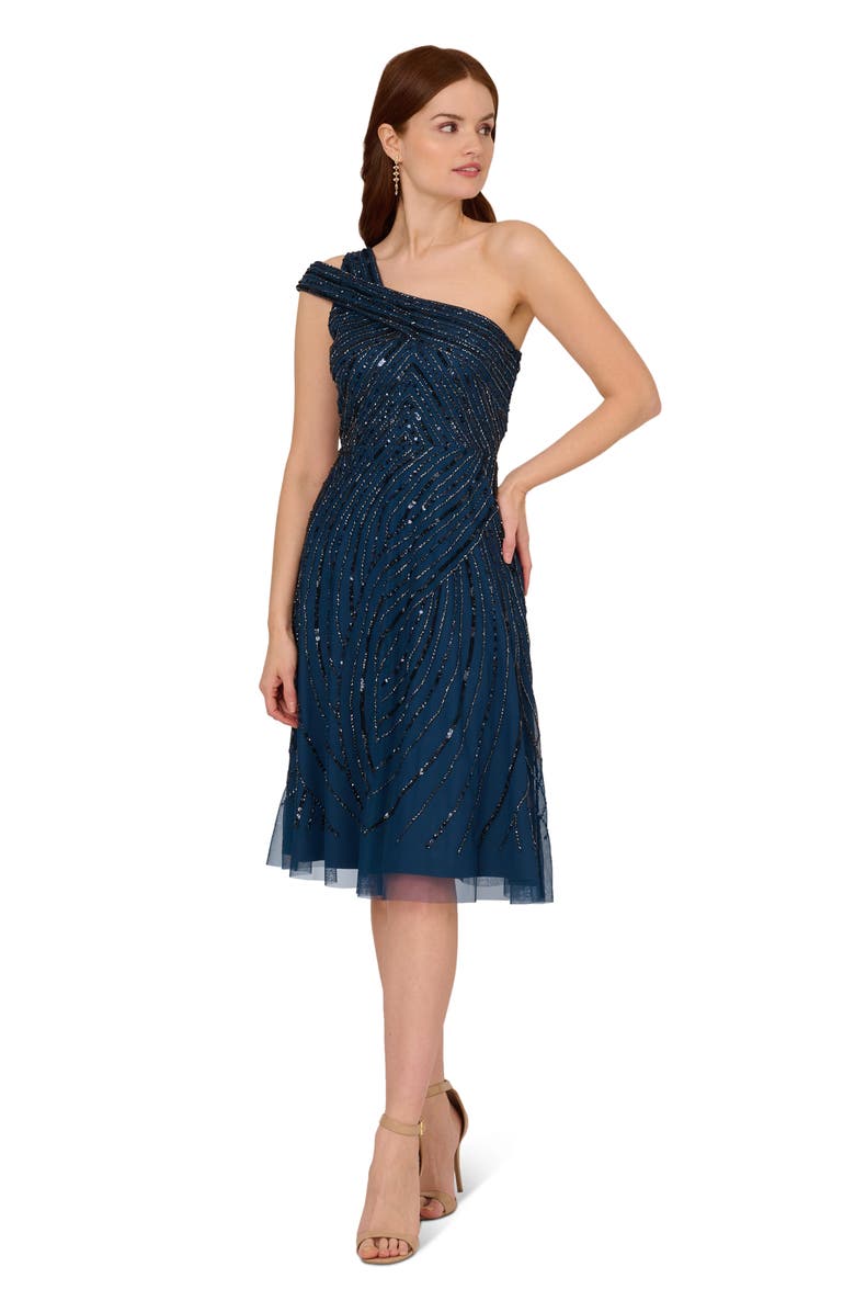 Adrianna Papell Beaded One-Shoulder Dress, Alternate, color, 