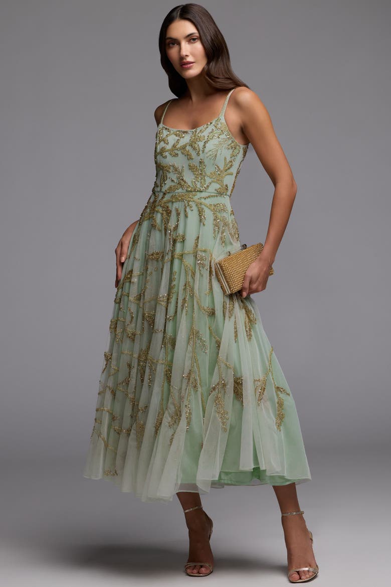 Spaghetti Strap Floral Hand Beaded Midi Dress, Alternate, color, Seafoam Gold