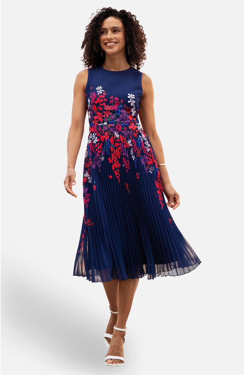 Yumi Printed Pleated Midi Dress, Main, color, Navy