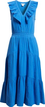 Caslon® Ruffle Sleeveless Tiered Cotton Midi Dress