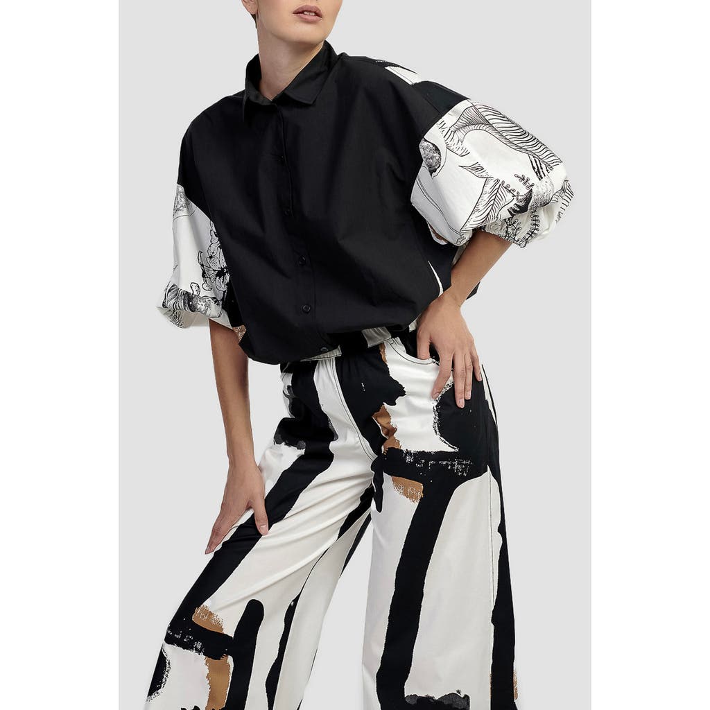 ALEMBIKA ALEMBIKA MIXED PRINT BUTTON-UP SHIRT WITH PUFF SLEEVES