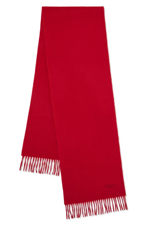 Mulberry Embroidered Logo Fringe Trim Cashmere Scarf in Scarlet Red 