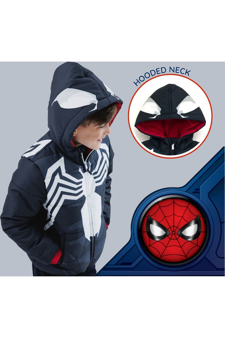 Spider-Man Hooded Zip-Up Puffer Jacket, Alternate, color, Spider Man Black