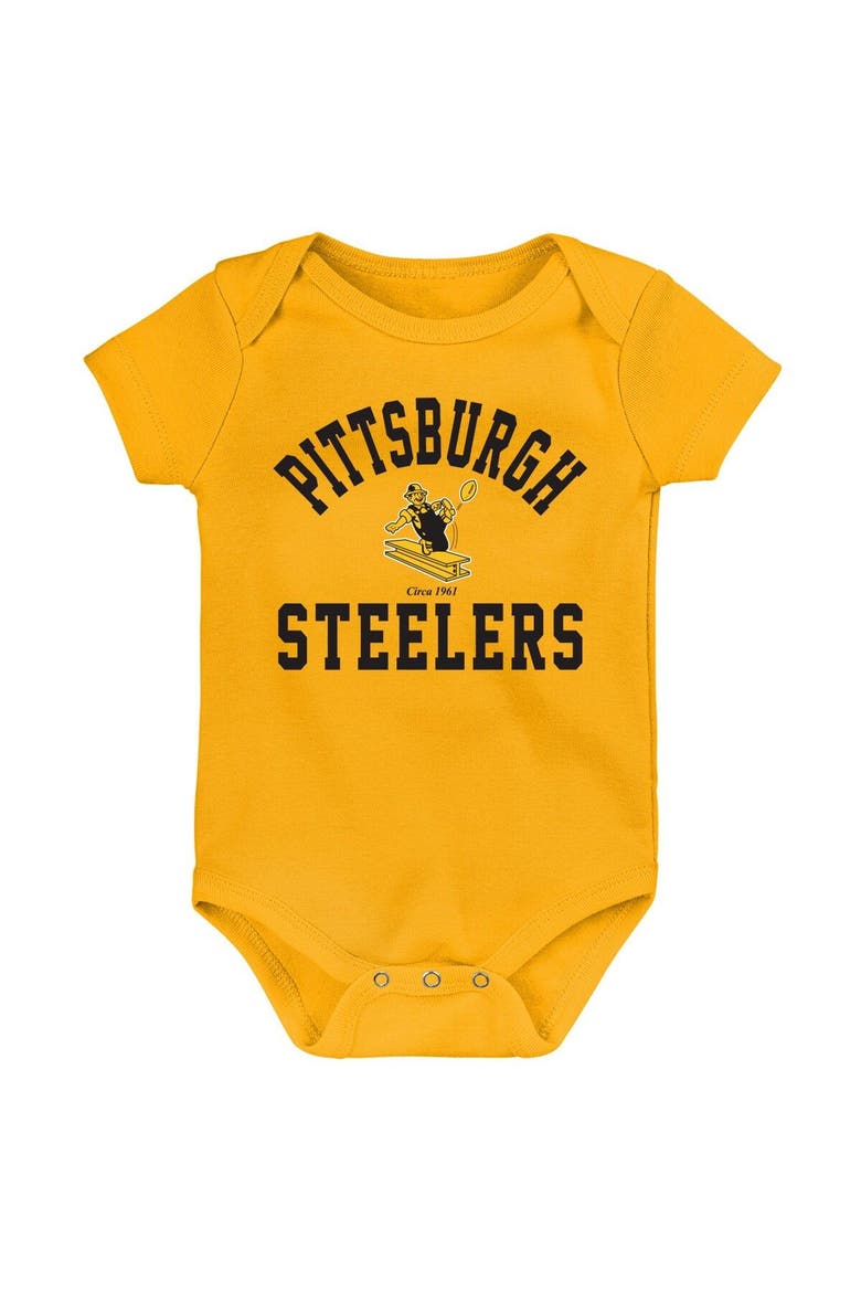 Newborn & Infant Black/Gold/Heather Gray Pittsburgh Steelers Three-Pack Eat, Sleep & Drool Retro Bodysuit Set, Alternate, color, Black