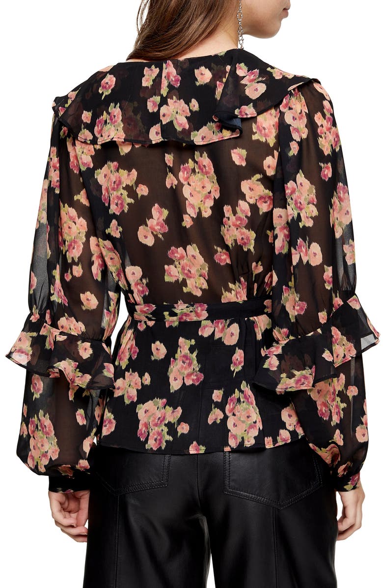 Topshop Floral Print Ruffle Blouse, Alternate, color, 