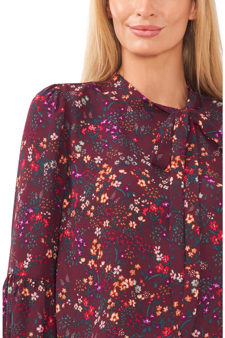 Floral Tie Neck Blouse, Alternate, color, SPICED WINE