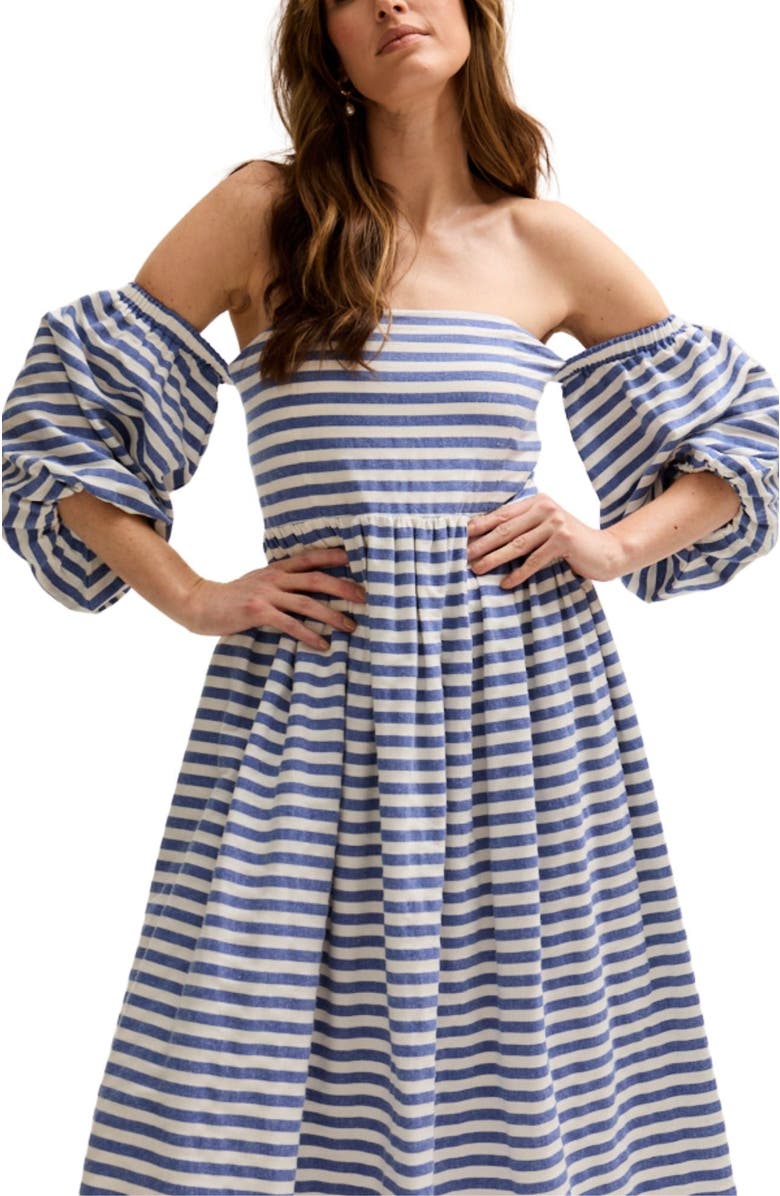 LILY AND LIONEL Sara Bardot Neck Midi Dress, Alternate, color, Navy