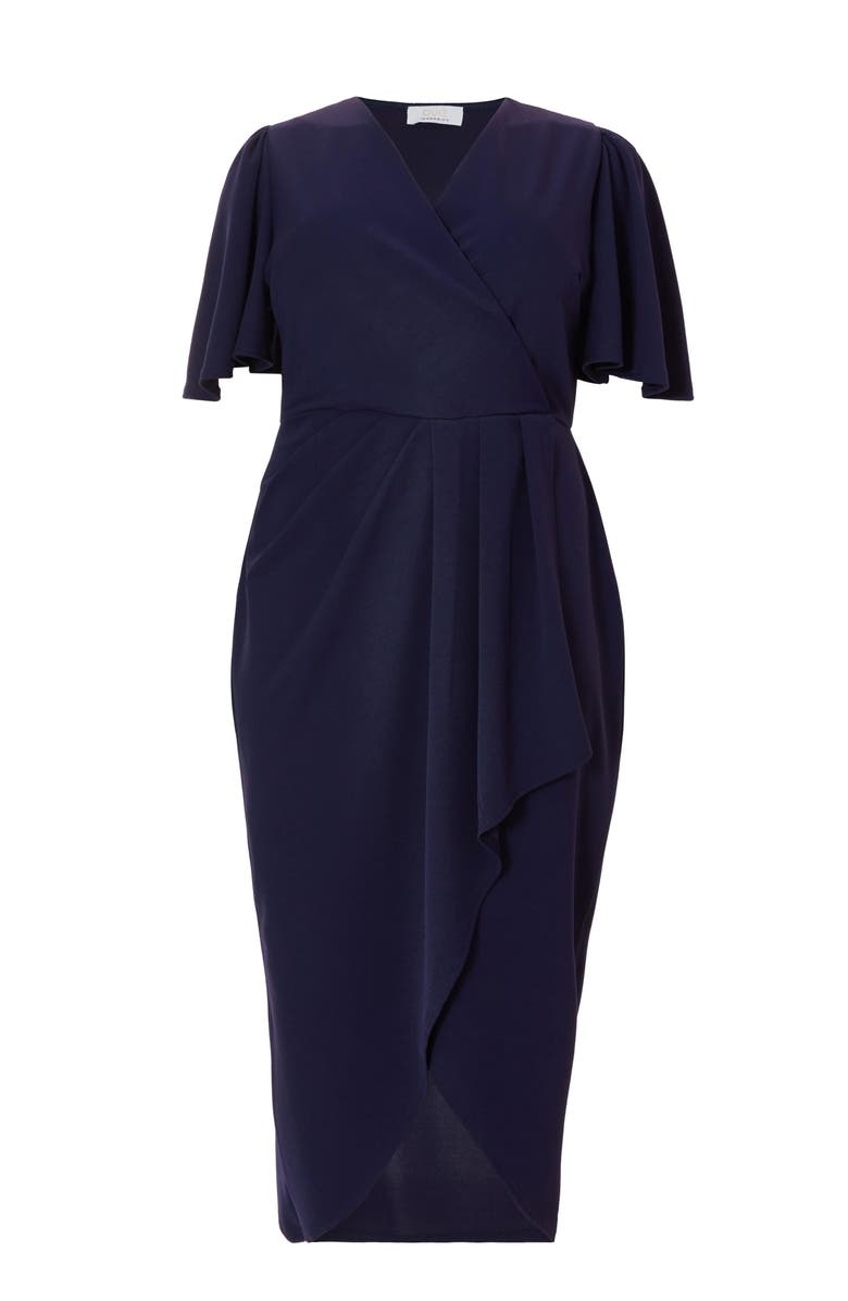 QUIZ Plus Size Scuba Crepe Bardot Wrap Midi Dress, Alternate, color, Navy