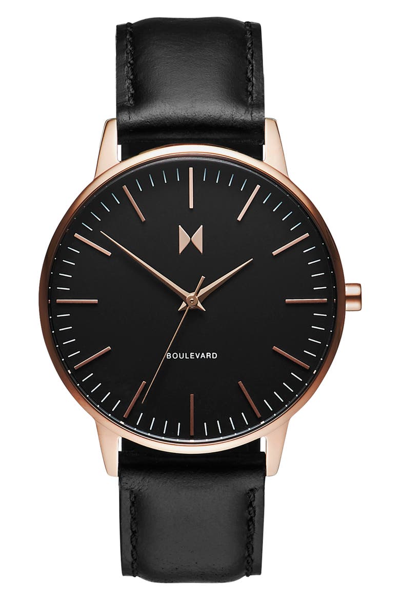 MVMT Boulevard Leather Strap Watch, 38mm, Main, color, BLACK/ ROSE GOLD