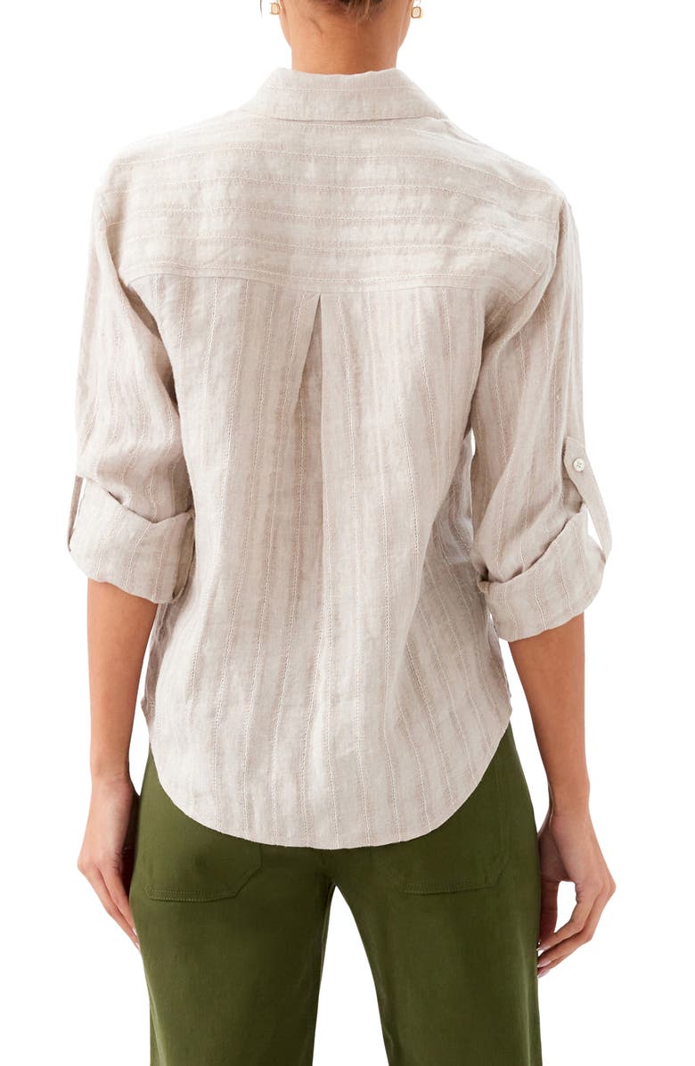 Karen Kane Stripe Linen Button-Up Shirt, Alternate, color, Oatmeal