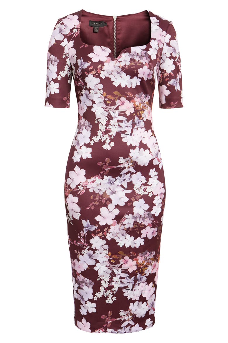 Heike Pergola Floral Print Body-Con Dress, Alternate, color, OXBLOOD