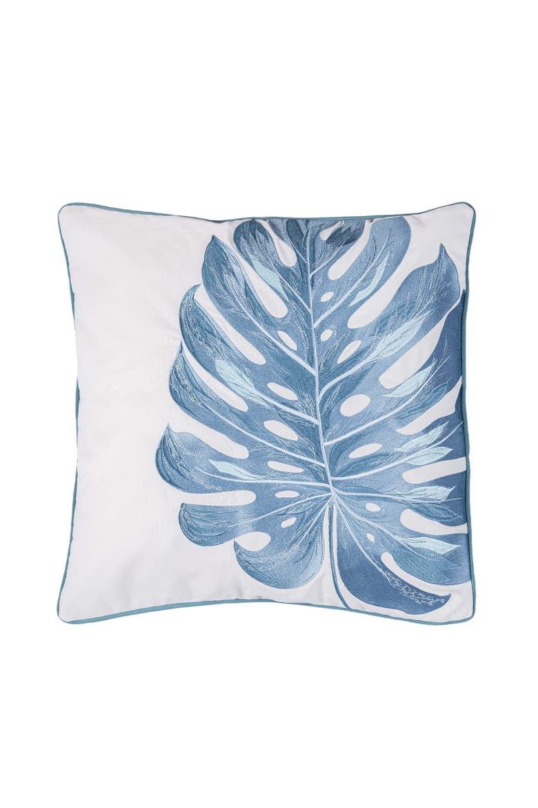 Blue Monstera Coastal Tropical Botanical Embroidered Throw Pillow, 20" x 20", Main, color, Blue