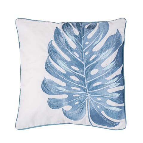 Blue Monstera Coastal Tropical Botanical Embroidered Throw Pillow, 20" x 20"