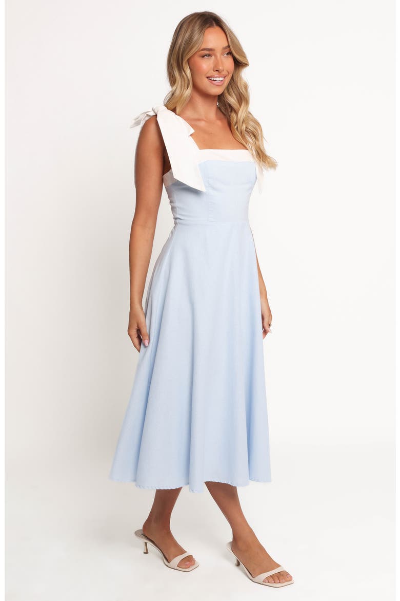 Olinda Bow Strap Midi Dress, Alternate, color, PALE BLUE/ WHITE
