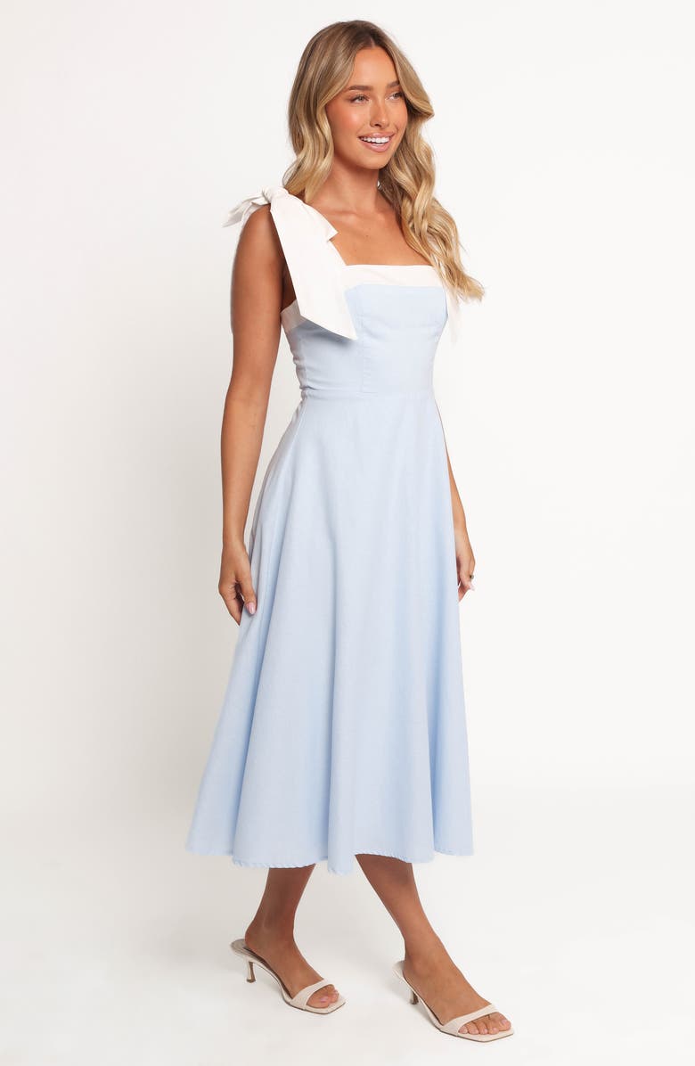 Petal & Pup Olinda Bow Strap Midi Dress, Alternate, color, Pale Blue/ White
