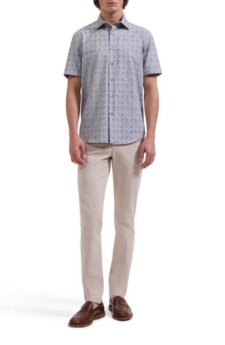 Bugatchi Miles OoohCotton<sup>®</sup> Leaf Print Short Sleeve Button-Up Shirt, Alternate, color, Shark