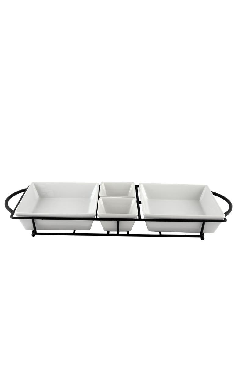 Gibson Gracious Dining 5 Piece Serving Set With Metal Rack Porcelain, Main, color, White