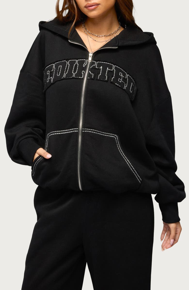 EDIKTED Forever Logo Appliqué Zip Hoodie, Main, color, Black