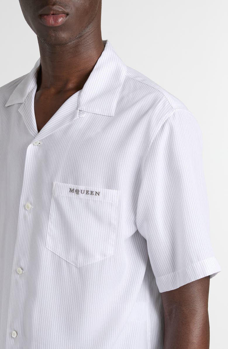 McQueen Pinstripe Logo Embroidered Camp Shirt, Alternate, color, White-Charcoal