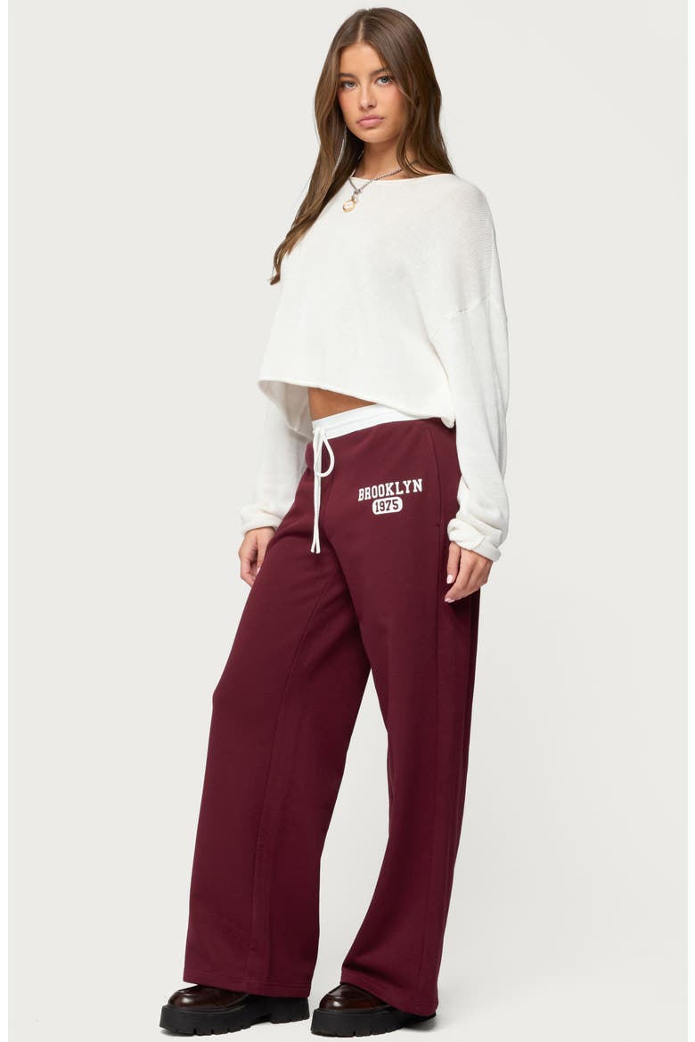 Brookie Contrast Waist Logo Wide Leg Sweatpants, Alternate, color, BURGUNDY