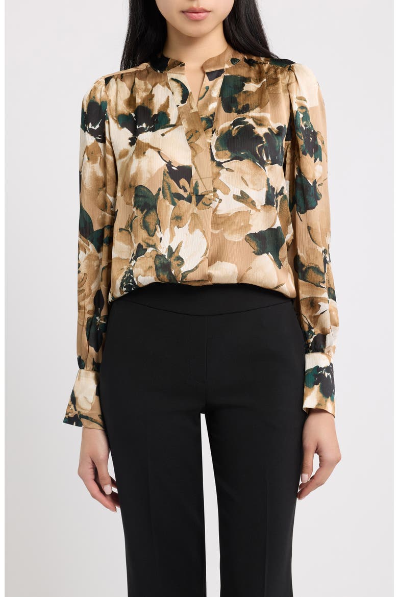 Floral Pleat Front Top, Main, color, LIGHT COFFEE MULTI