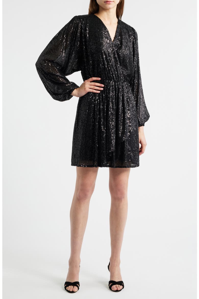 Dillio Sequin Mesh Long Sleeve Cocktail Dress, Main, color, BLK