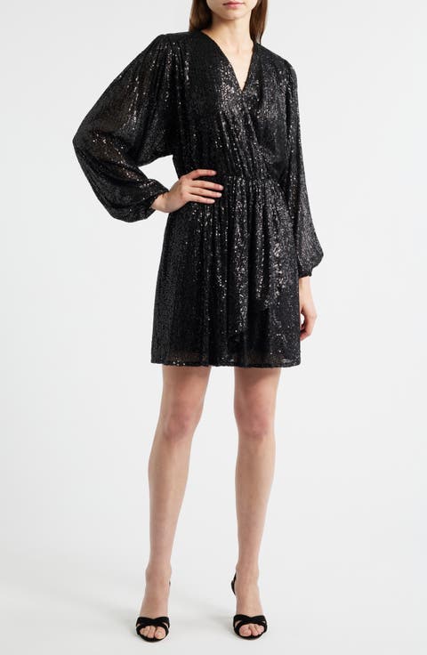 Dillio Sequin Mesh Long Sleeve Cocktail Dress
