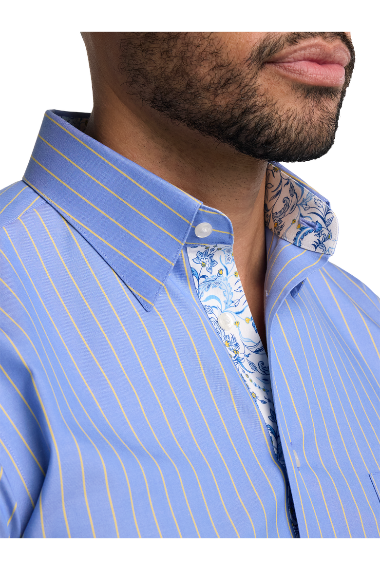 Cotton Point Collar Pinpoint Slim Contrast Trim Button Cuff Long Sleeve Shirt, Alternate, color, Blue/Yellow