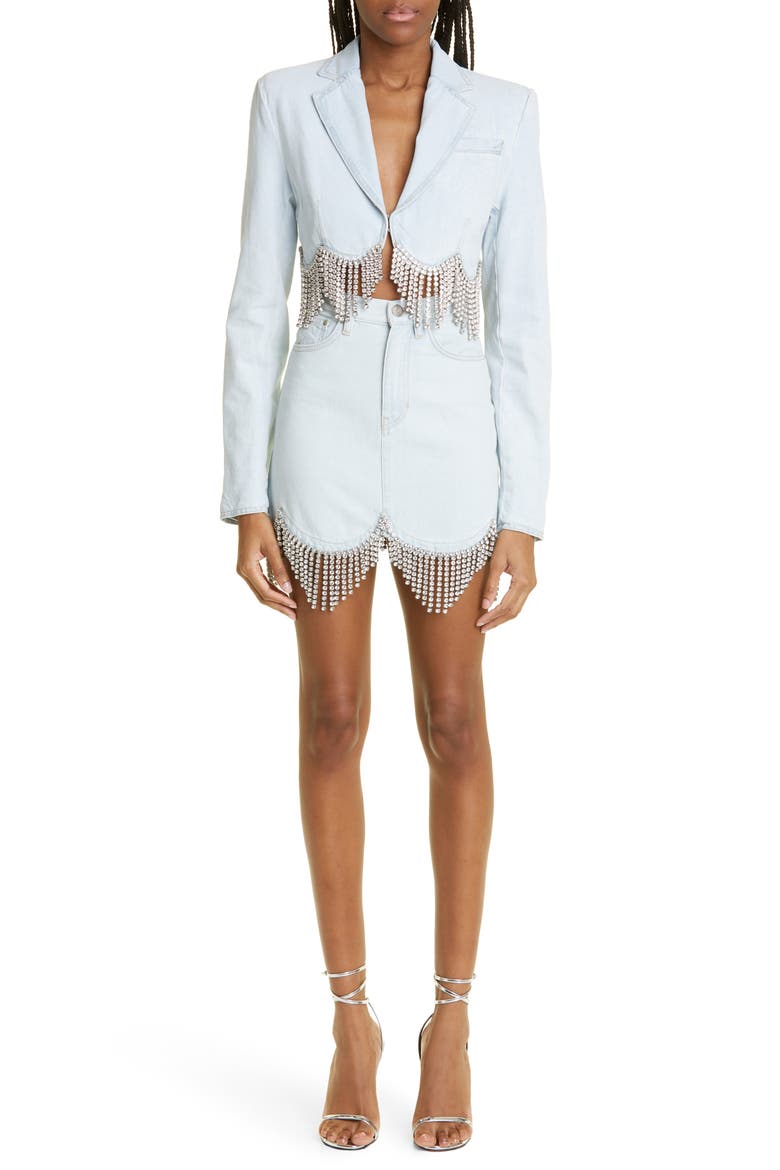Crystal Embellished Crop Scallop Hem Denim Blazer, Alternate, color, PALE BLUE
