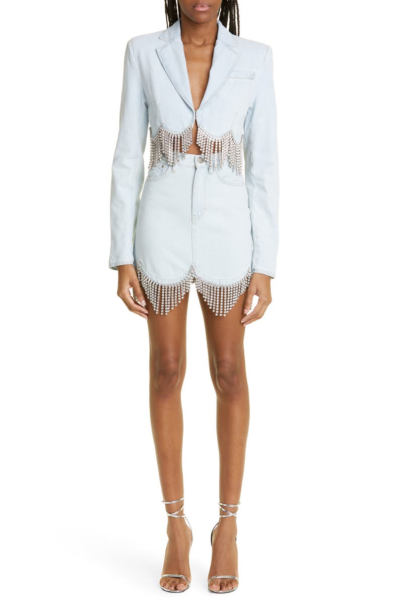 Area Crystal Embellished Crop Scallop Hem Denim Blazer, Alternate, color, 