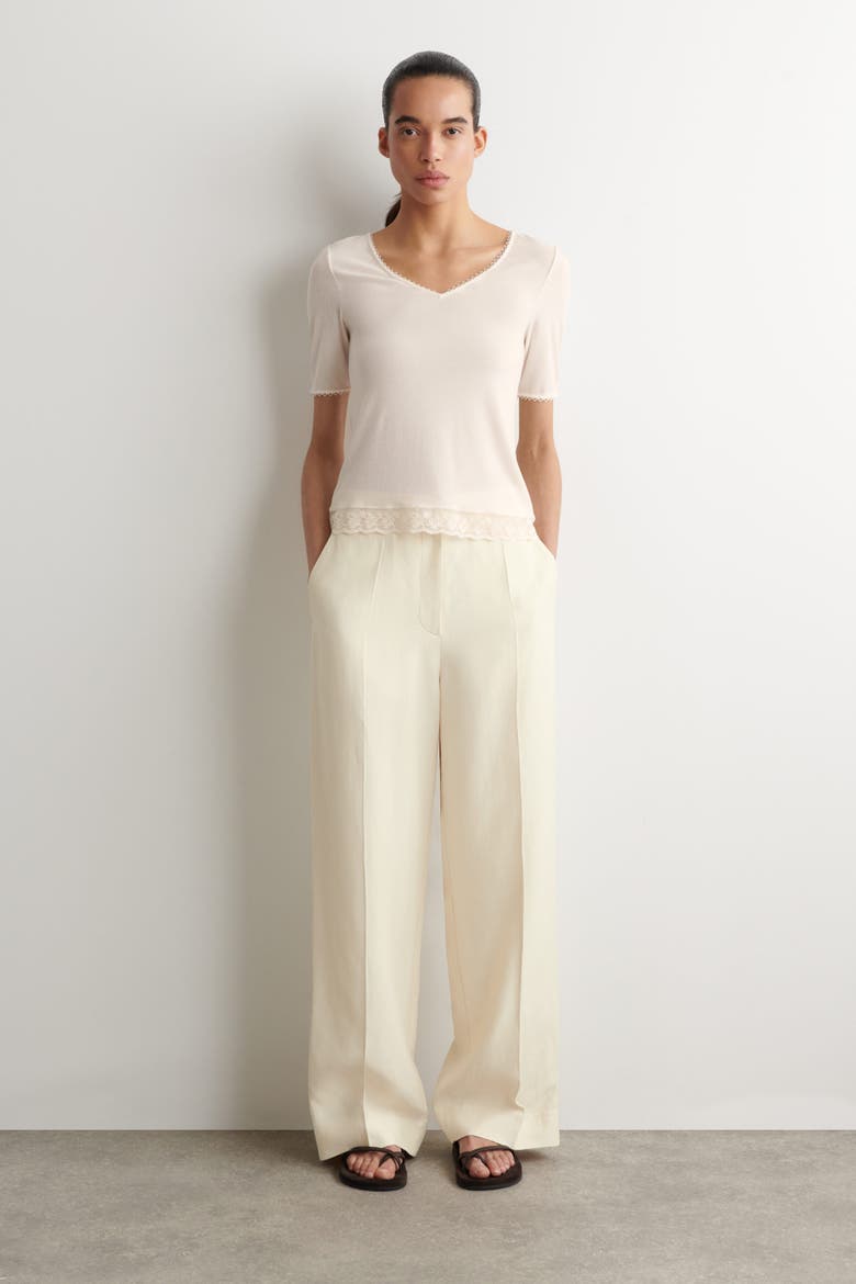 Lace-Trimmed Ribbed V-Neck T-Shirt, Alternate, color, WHITE